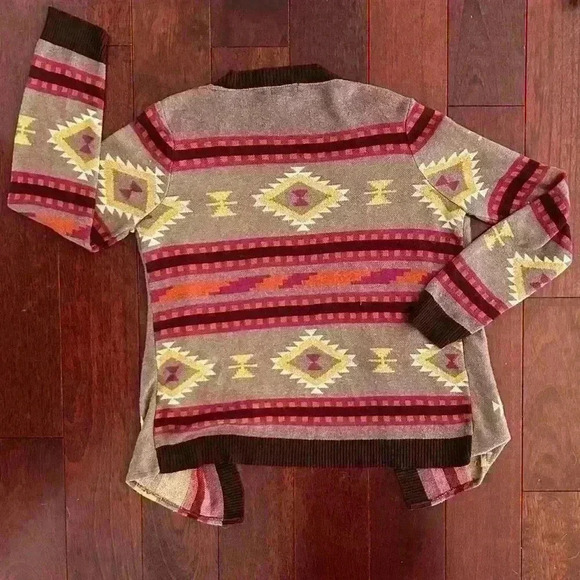 One World Women’s Brown Geometric Aztec Open Front Cardigan Sweater Size S - Picture 3 of 7
